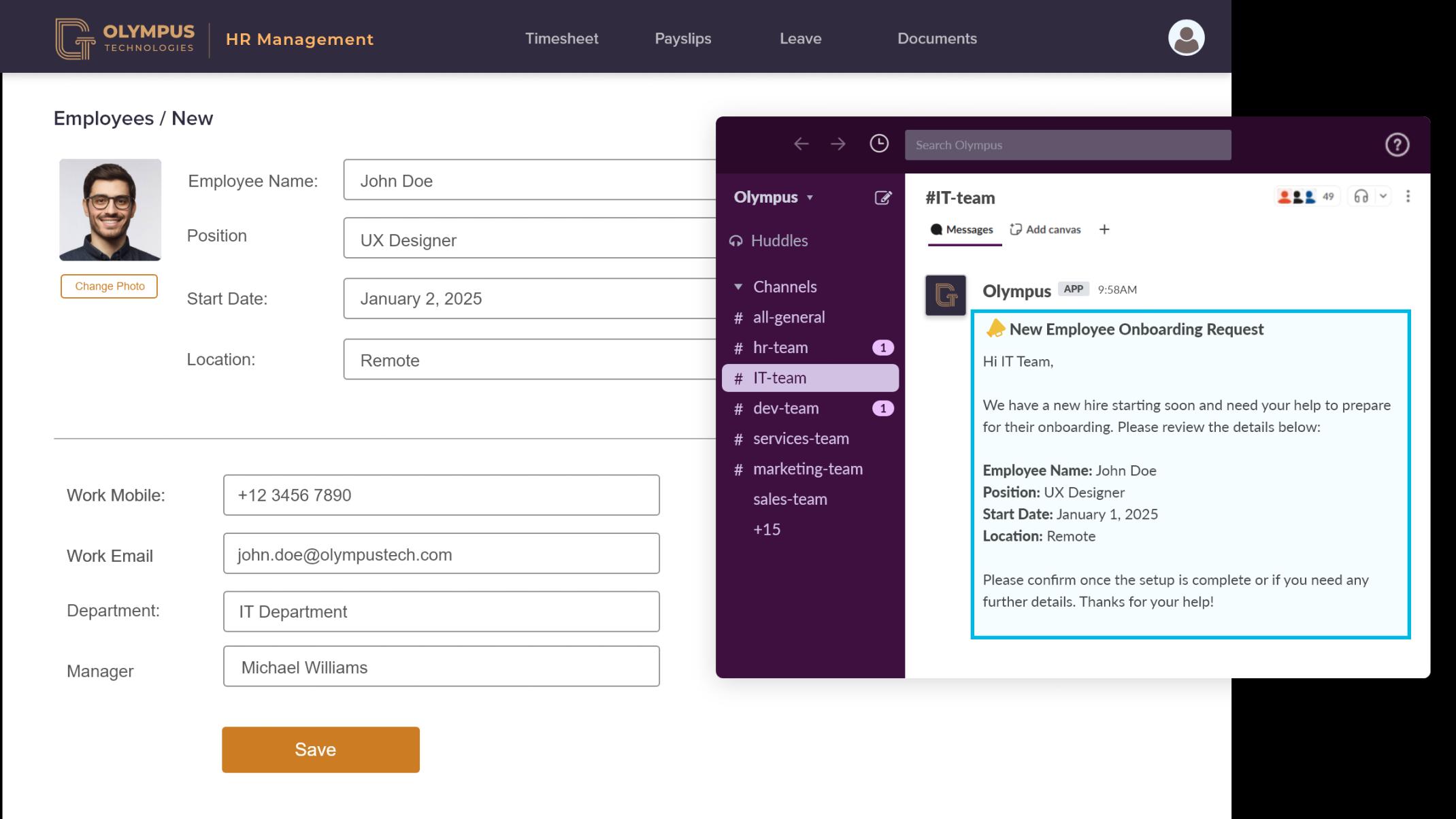 New employee added to an HR database triggers an automatic Slack message to relevant departments for onboarding.