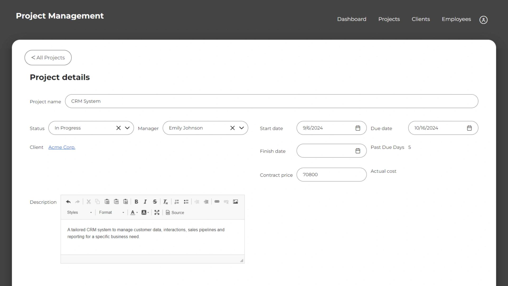 Project Management Application displaying project details.