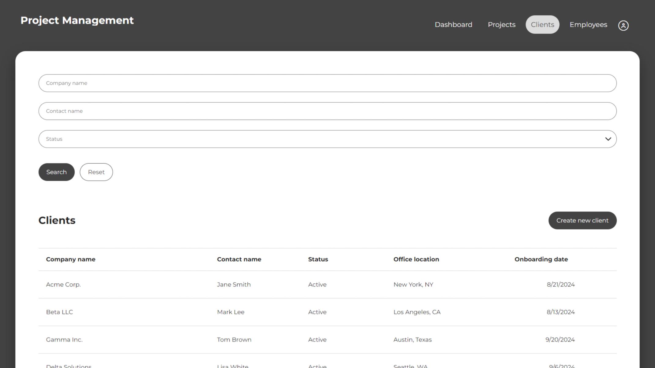 Project Management Application displaying a list of clients.